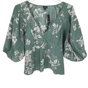 NWT Torrid Women's Green Floral Blouse Top V Neck Button Front Balloon Sleeve 2X